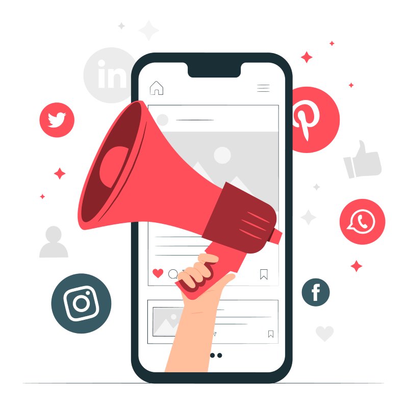 Illustration of a smartphone with a hand holding a megaphone, surrounded by social media icons.