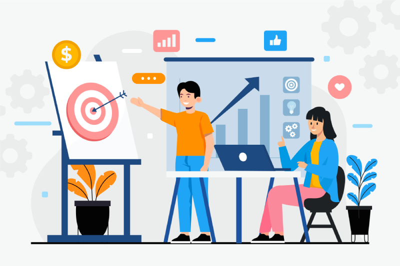 Illustration of a man and a woman working together on business targets, with a target board and growth chart in the background.