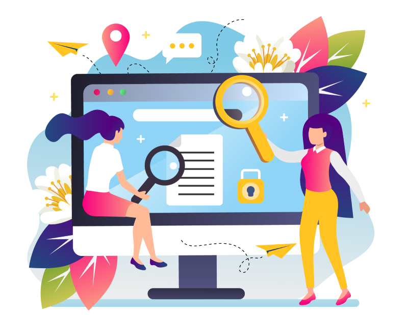 Illustration of two women examining a large computer screen with magnifying glasses, surrounded by colorful leaves, flowers, and paper planes.