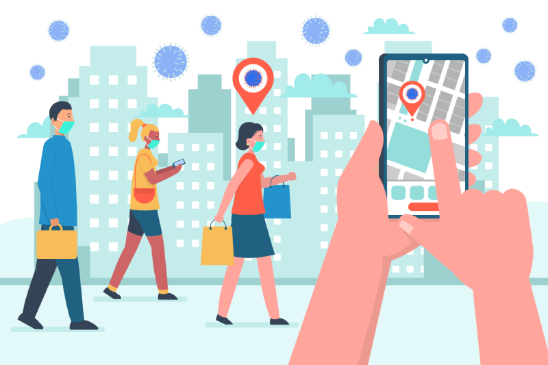 Illustration of a local company with a storefront, customers, and community engagement