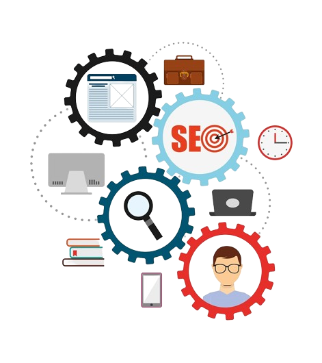 Local SEO components illustration with gears and various elements
