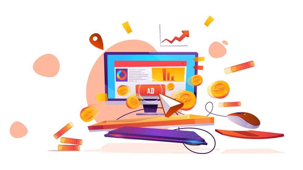 Illustration depicting pay-per-click elements for search engine optimization with a computer and digital tools.