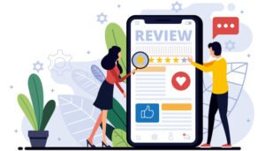 People analyzing reviews and ratings on a large smartphone screen