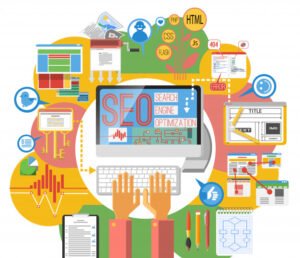 SEO concept illustration with various tools and elements