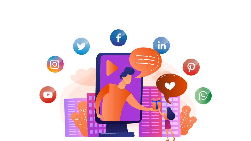 Person interacting with social media icons