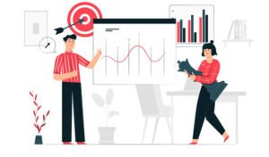 A person looking at a digital marketing dashboard on a laptop, with a cityscape in the background.