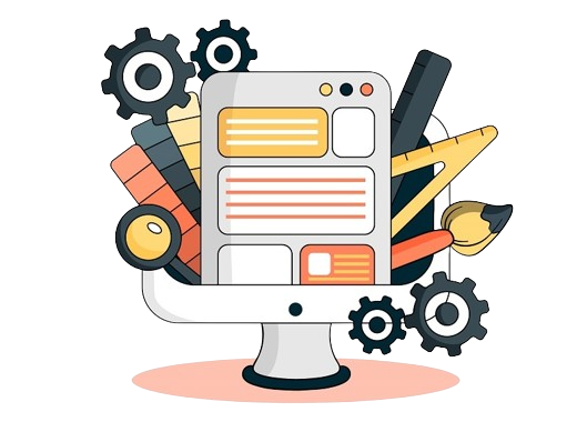 Graphic illustration of website design elements with computer monitor and tools.