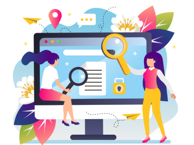 Two women using magnifying glasses to explore content on a large computer screen, symbolizing digital search and data analysis