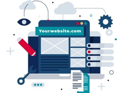 A conceptual illustration showing various elements of website design and development, including tools, graphics, and interface components.